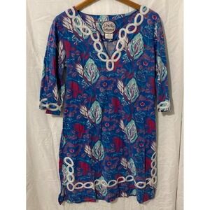 Almatrichi Floral Tunic Top Womens‎ 12 Blue Pink Long Boho Resort Core Madrid